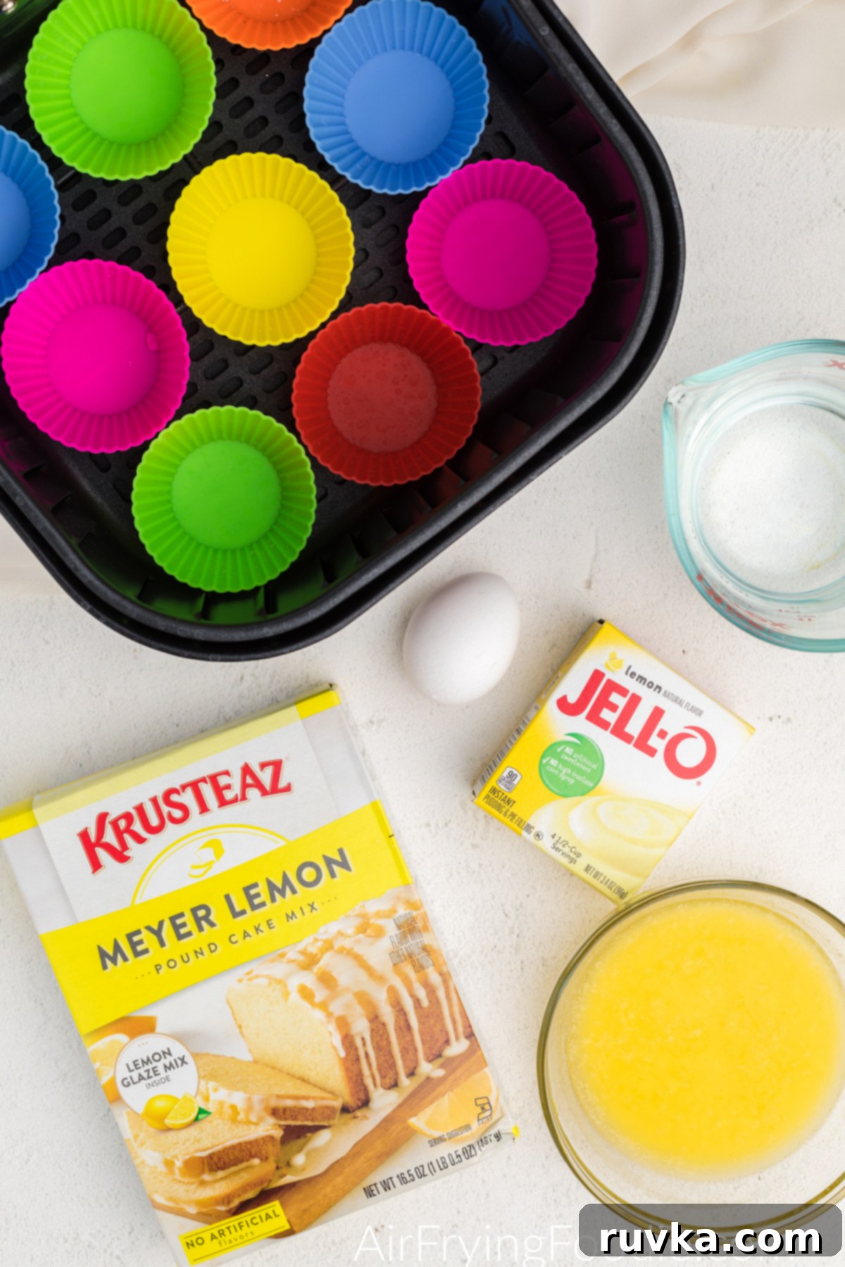 Zesty Air Fryer Lemon Poppy Seed Muffins 3 Ingredients needed to make lemon poppy seed muffins in the air fryer.