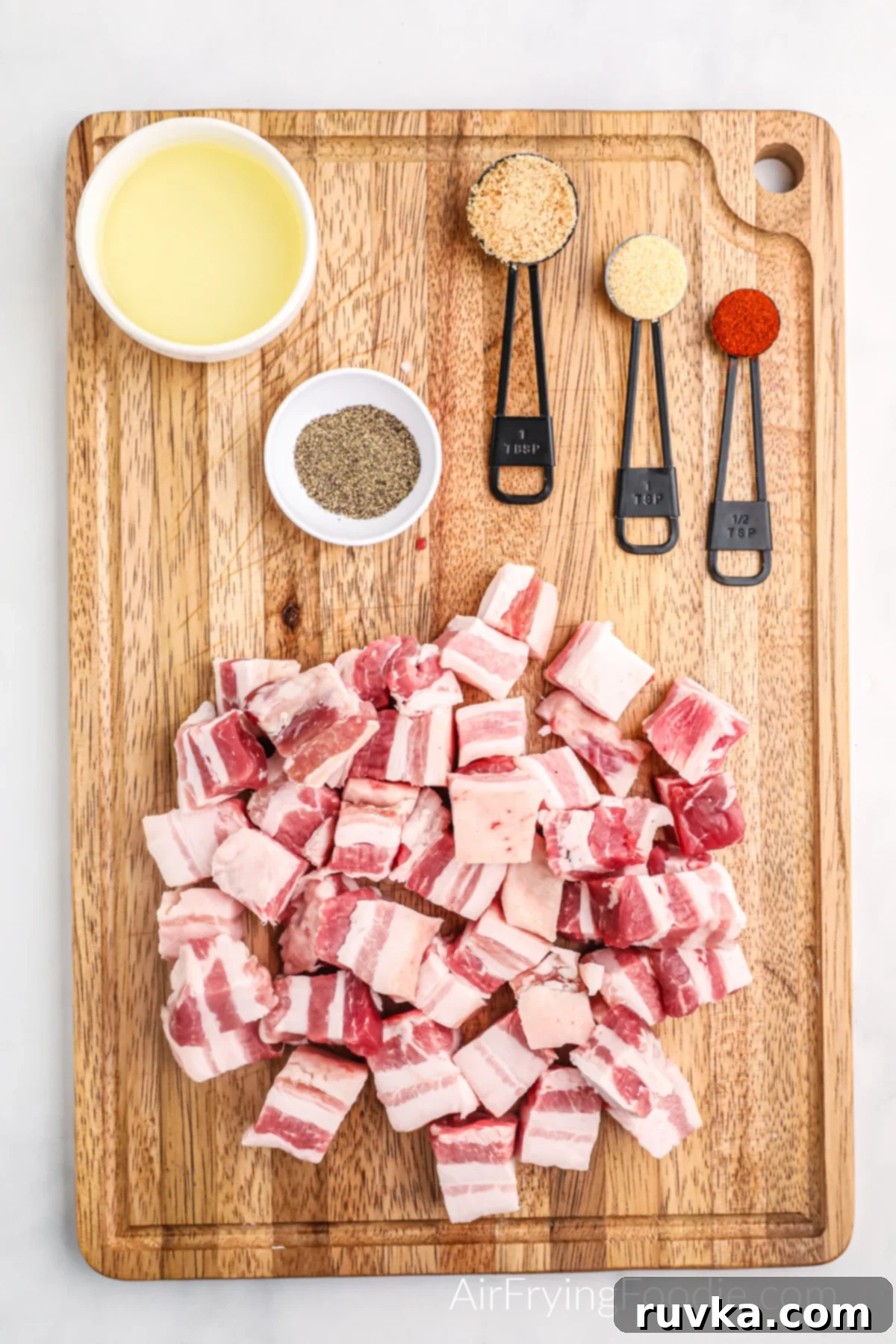 Air Fried Pork Belly Perfection 3 Ingredients needed to make pork belly bites in the air fryer.