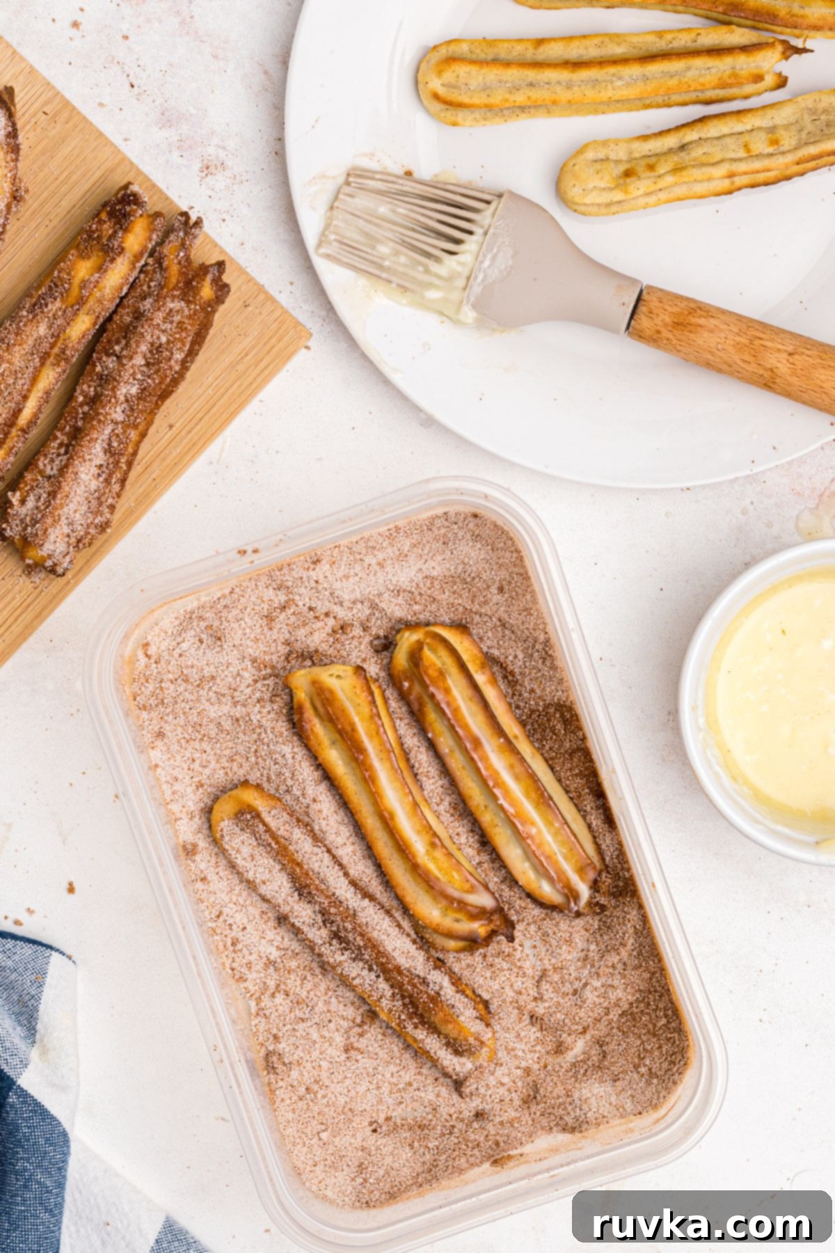 Crispy Air Fryer Churros 8 Churros brushed with melted butter and rolled in sugar and cinnamon