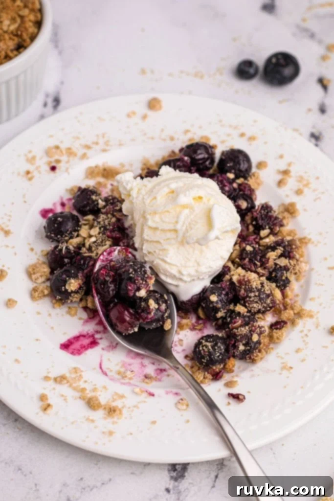 Easy Air Fryer Blueberry Crisp 10 Close-up of a blueberry crisp on a white plate with a spoonful of blueberries and vanilla ice cream, ready to eat.