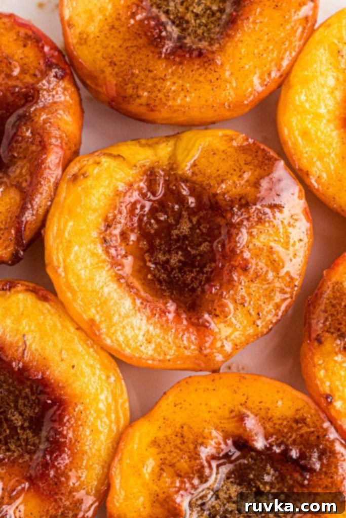 Golden Air-Fried Peaches 8 Juicy close up photo of air fried peaches dripping with melted butter