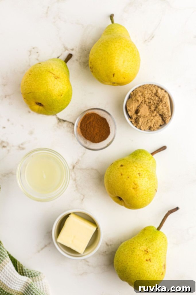 Golden Air Fryer Pears 3 Ingredients to make air fryer pears on a white marble table
