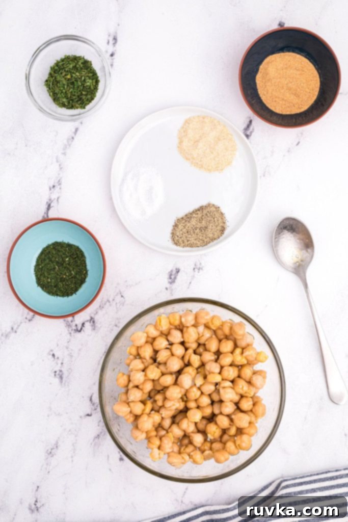 Crispy Air Fryer Chickpeas 3 Ingredients measured out to make ranch flavored chickpeas in the air fryer