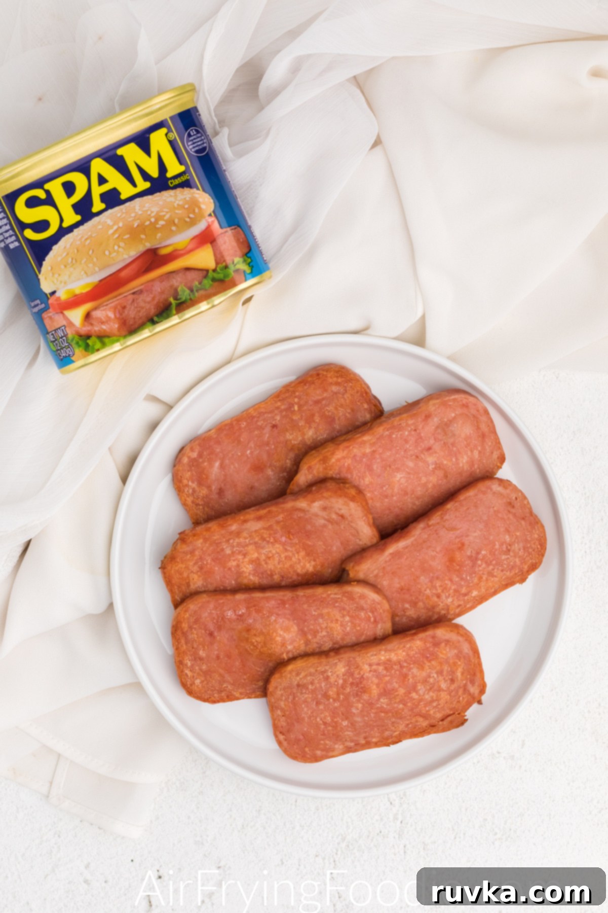 Crispy Air-Fried Spam 6 Air fried spam on a white plate ready to serve.