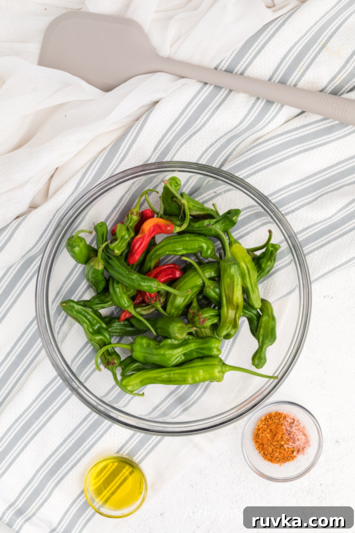 Crispy Air Fryer Shishito Peppers 3 Ingredients needed to make air fried shishito peppers in the air fryer.