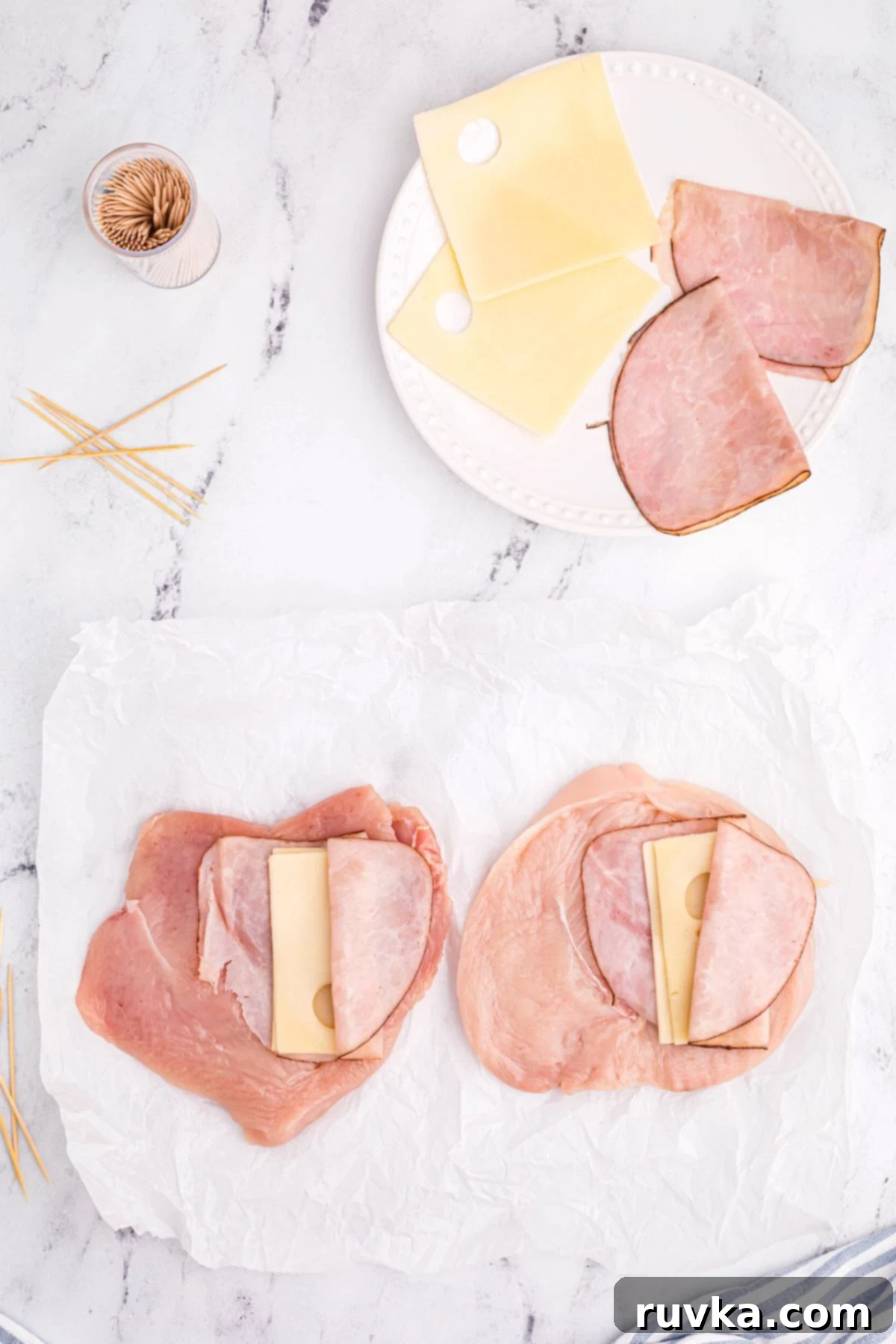 Crispy Air Fryer Chicken Cordon Bleu 6 Uncooked chicken breasts sliced open and flattened, then filled with ham and cheese slices