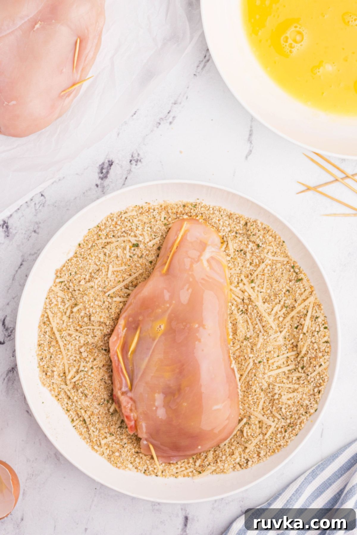 Crispy Air Fryer Chicken Cordon Bleu 8 uncooked chicken breast dredged through egg then breadcrumbs