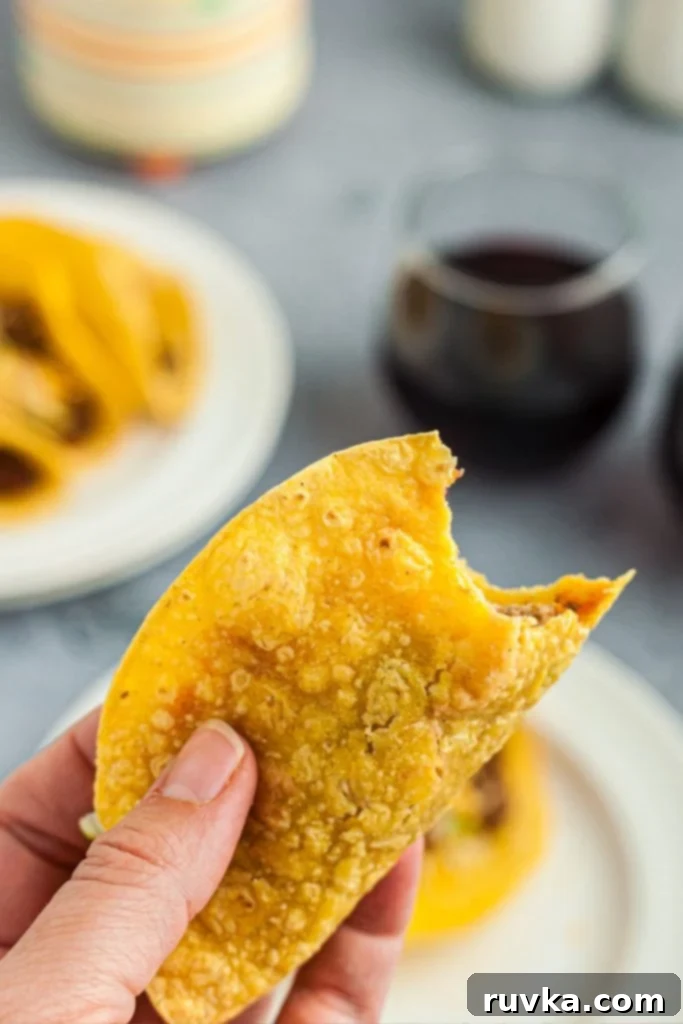 Easy Crispy Air Fryer Taco Shells 8 Crispy taco shelled filled with meat and seasonings and bite taken