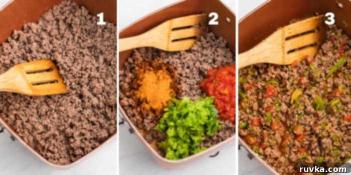 Crispy Air Fryer Taco Bake 4 Step collage of photos showing meat being browned in a skillet, seasoning and vegetables being added to the meat, and finally the taco casserole meat mixture in the skillet.