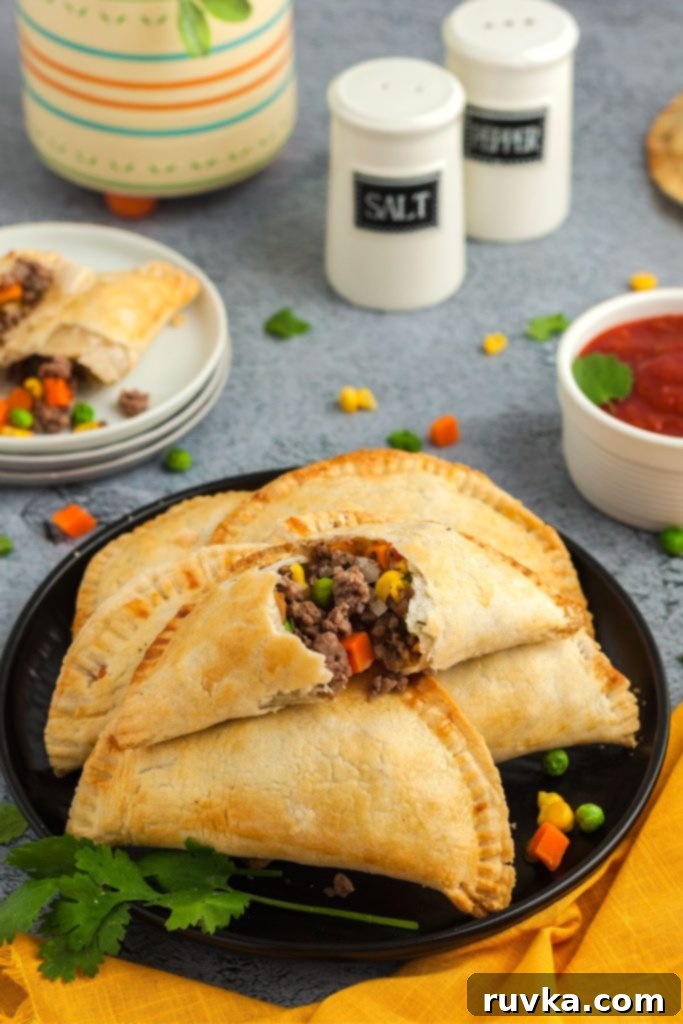 Crispy Air Fryer Empanadas 2 Black plate with empanadas stacked and one open showing beef and vegetables.
