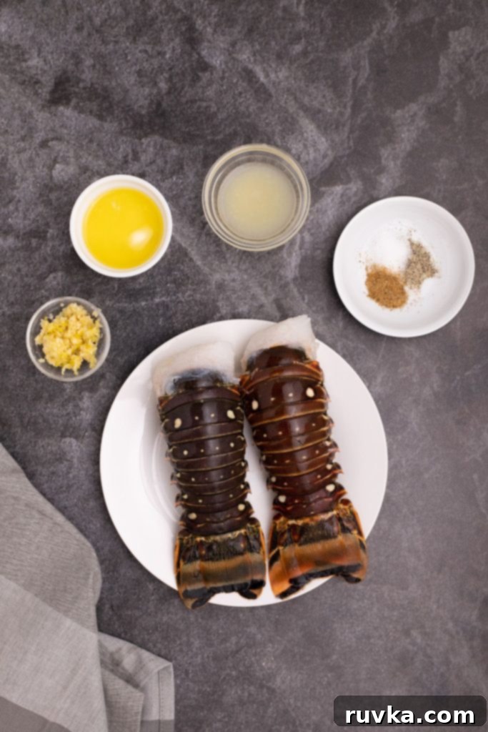Crispy Air-Fried Lobster Tails 3 Lobster tails, melted butter, minced garlic, lemon juice, and seasonings, displayed on a black marble table. Fresh lobster tails ready for preparation alongside a small bowl of aromatic garlic butter sauce and bright lemon wedges, setting the stage for a delicious meal.
