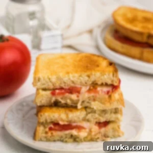 Crispy Air Fryer Tomato Cheese Melts 9 Sliced and stacked grilled tomato and cheese sandwich made in the air fryer and served on a white plate.