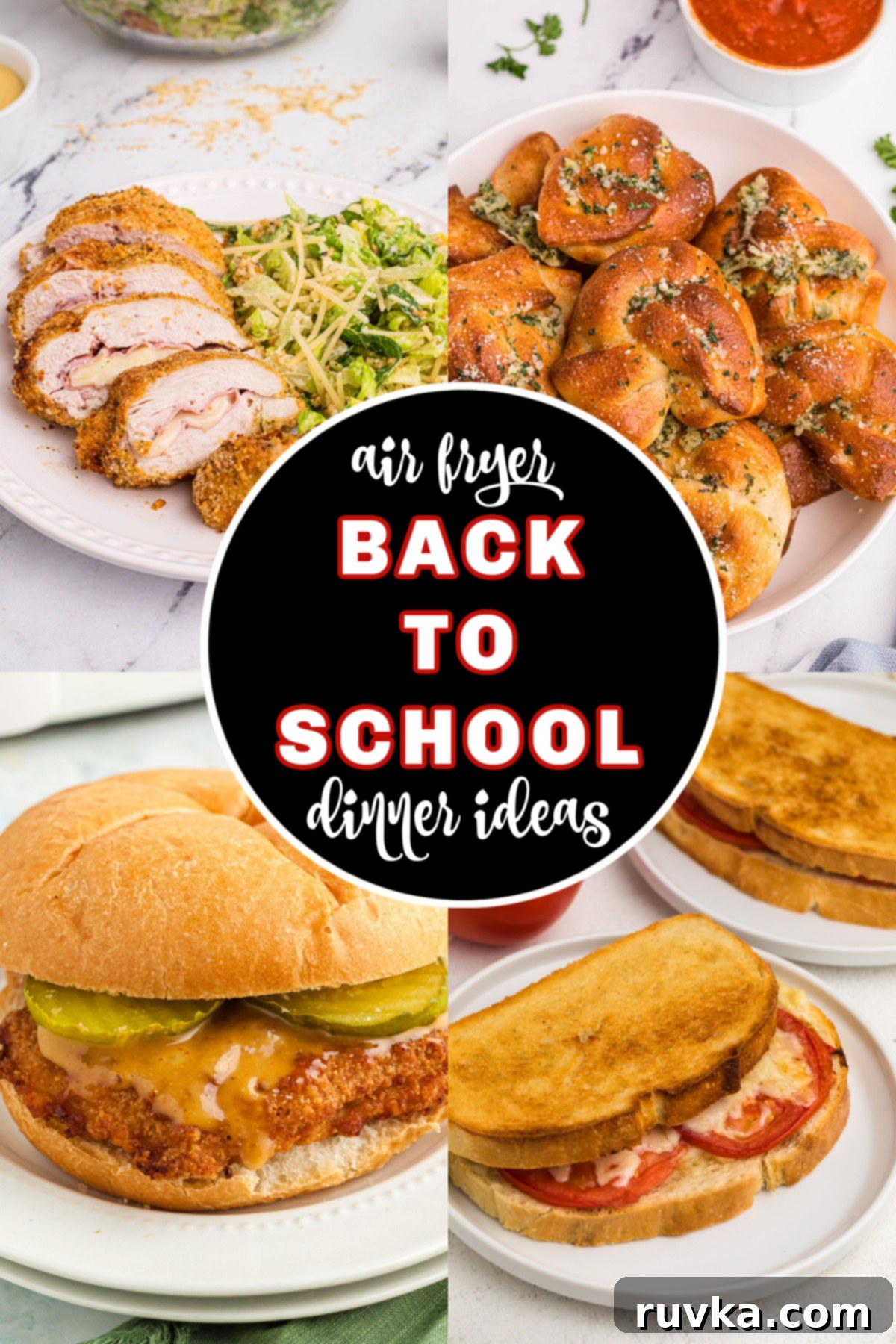 Quick Air Fryer Back to School Dinners 2 Collage of photos for air fryer back to school dinner ideas, showcasing various delicious and quick meals.