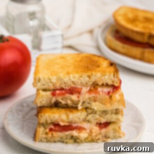 Quick Air Fryer Back to School Dinners 4 Sliced and stacked grilled tomato and cheese sandwich made in the air fryer and served on a white plate.