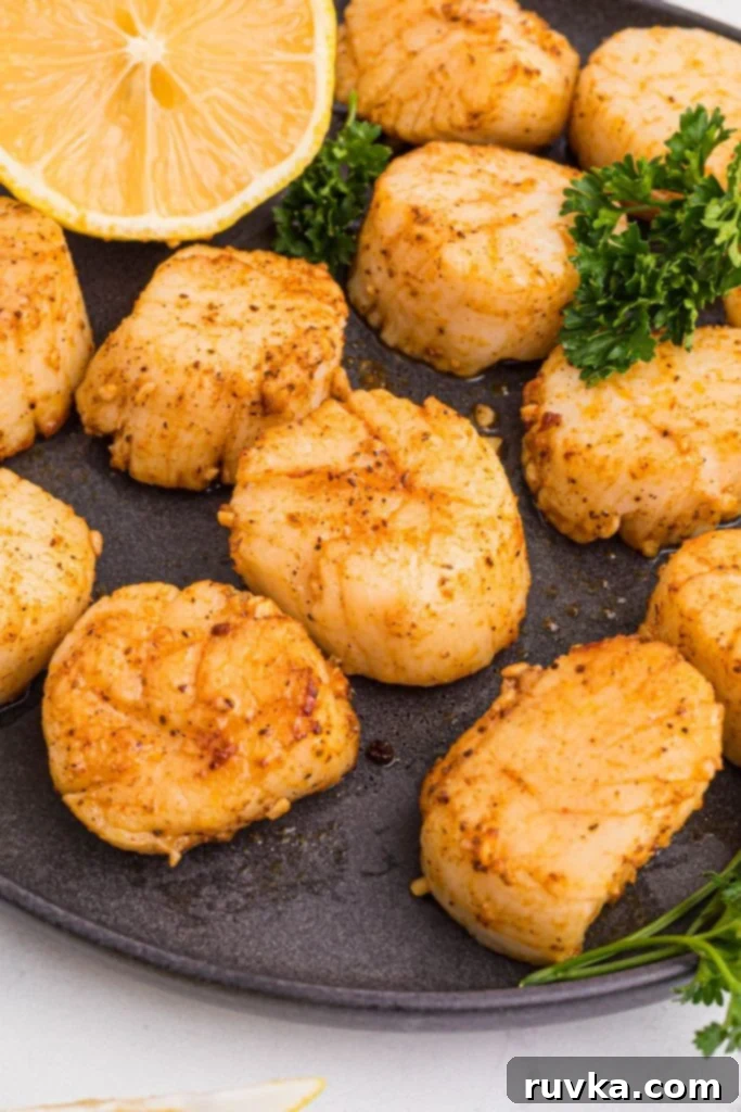 Crispy Air Fryer Scallops 7 Golden juicy scallops on a dark plate with lemon wedges and parsley garnish
