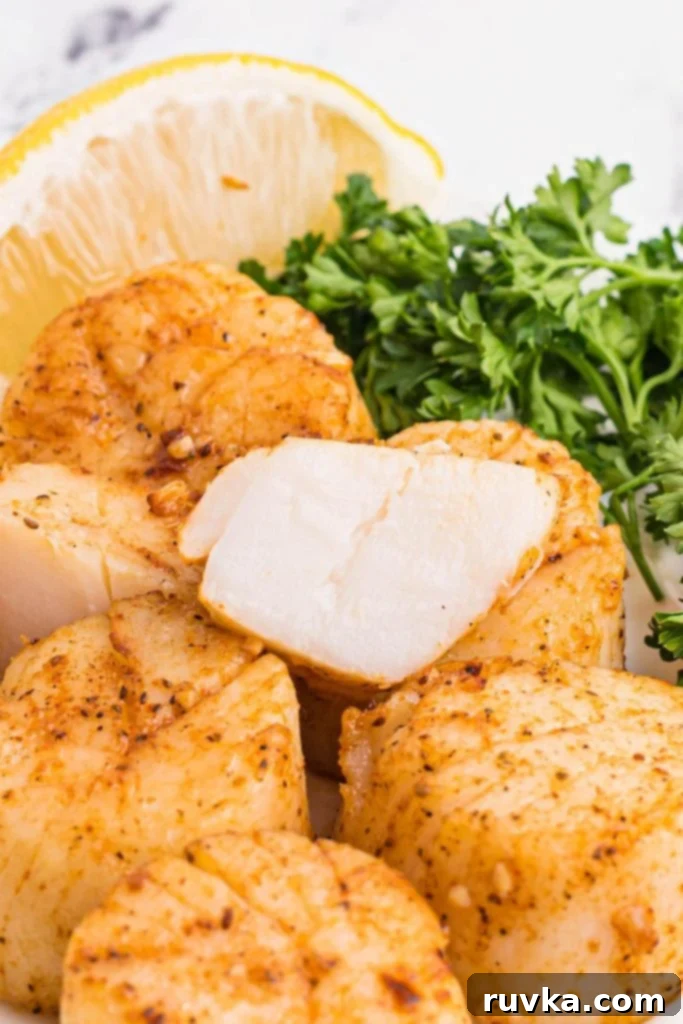 Crispy Air Fryer Scallops 8 Golden juicy scallops stacked on a plate with parsley garnish