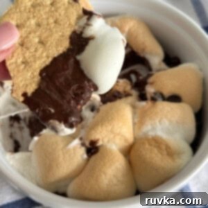 Air Fryer S'mores Dip 7 S'mores dip made in the air fryer, with a graham cracker being dipped into the chocolate and marshmallow before eating.