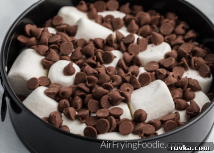 Air Fryer S'mores Dip 3 chocolate chips and marshmallows in a Springform pan before being placed into the Air Fryer.