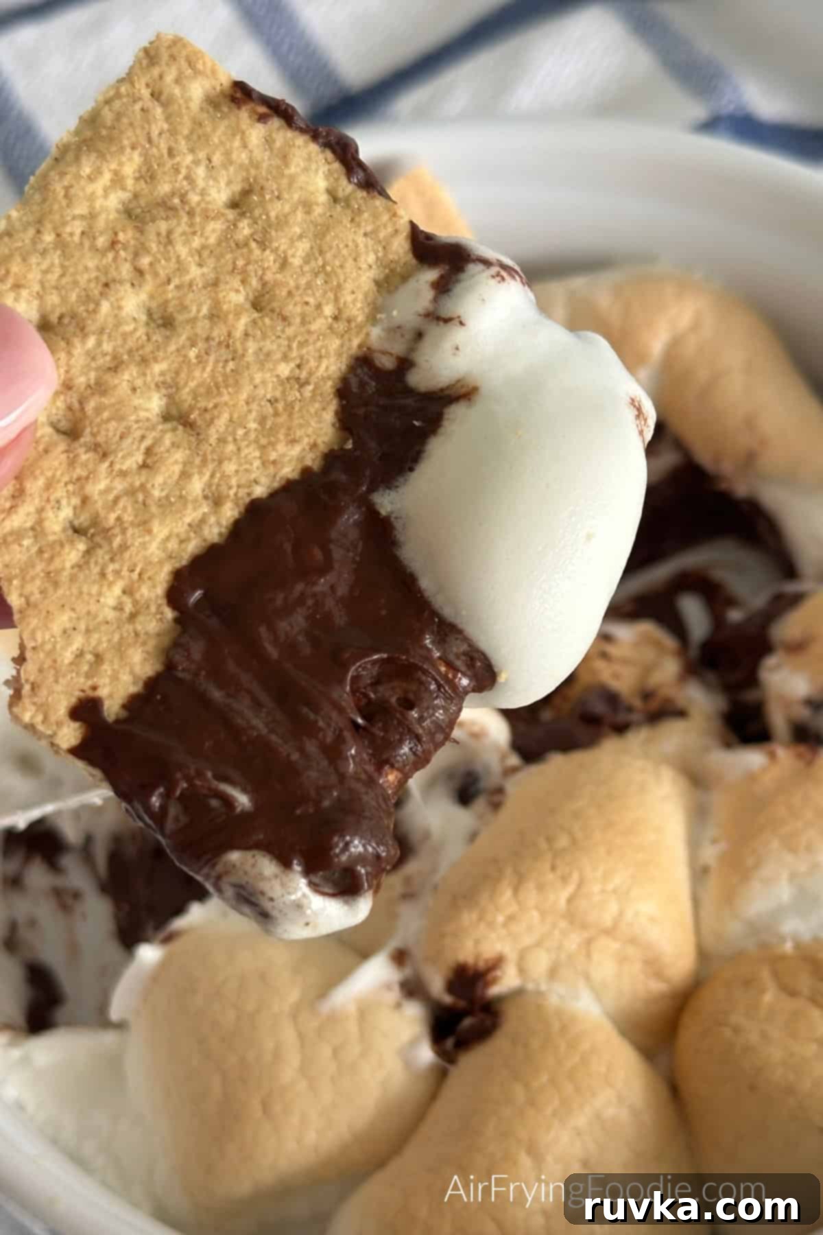 Air Fryer S'mores Dip 6 A close up of a graham cracker being dipped into the s'mores dip.