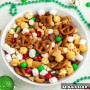 Crispy Air Fryer Reindeer Chow 10 Chex mix with pretzels and nuts in a round bowl