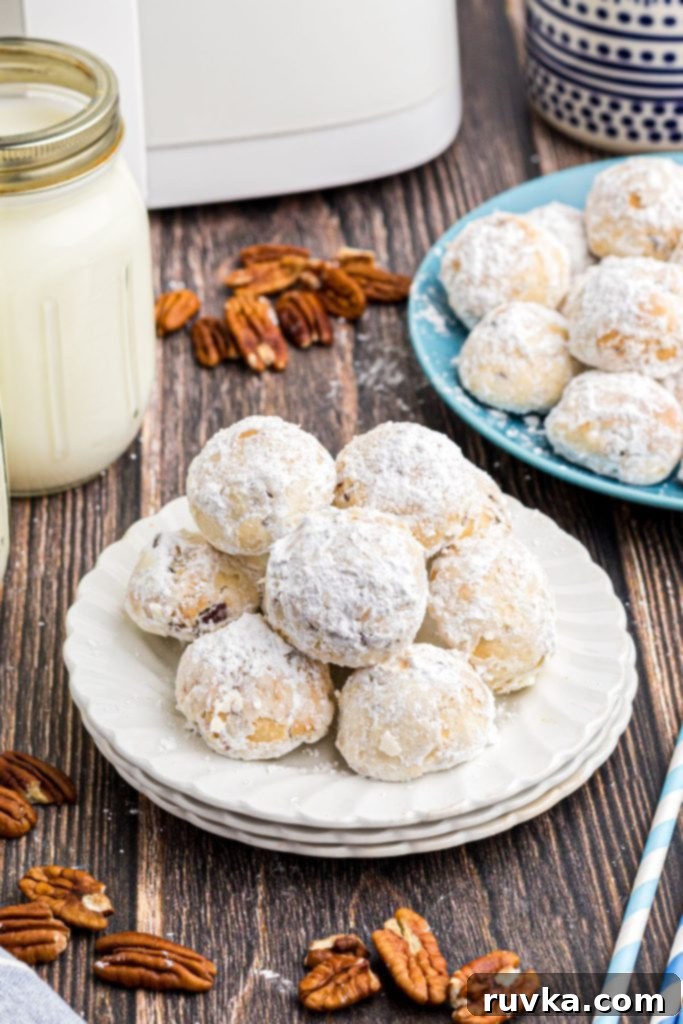 Easy Air Fryer Snowball Cookies 2 White powdered sugar coated cookies on a white plate in front of the air fryer