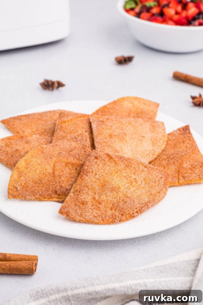 Crispy Air Fryer Cinnamon Sugar Tortilla Chips 2 Sugar and cinnamon coated tortilla chips on a white plate in front of an air fryer and bowl of chopped strawberries