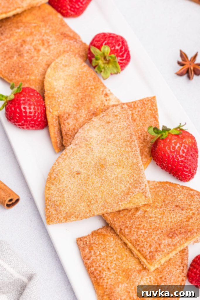 Crispy Air Fryer Cinnamon Sugar Tortilla Chips 11 Golden cinnamon and sugar coated tortilla chips on a white plate with fresh strawberries
