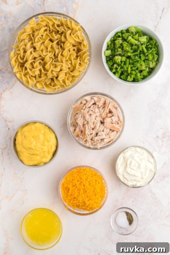 Crispy Air Fryer Chicken Casserole 3 Ingredients measured and laid out to make chicken casserole on a light marble table, including egg noodles, shredded chicken, broccoli florets, butter, cheese, cream of chicken soup, and sour cream.