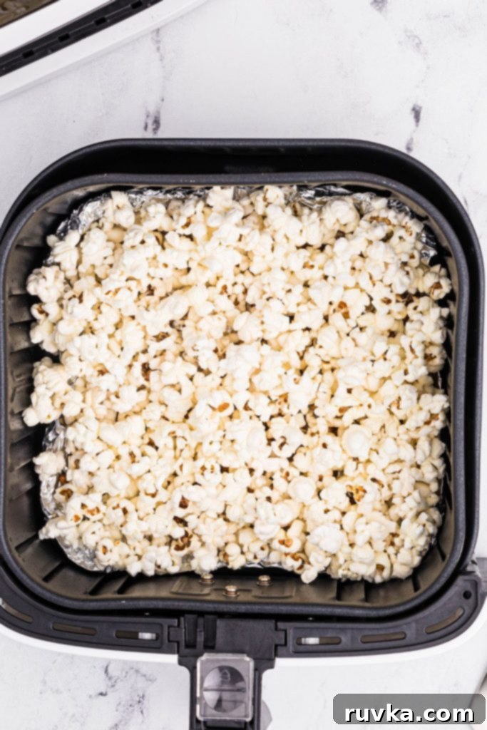 Air-Popped Perfection 6 White fluffy popcorn in the air fryer basket