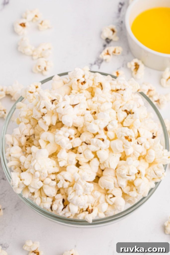 Air-Popped Perfection 8 White fluffy popcorn in a clear glass bowl with melted butter in a small side dish.