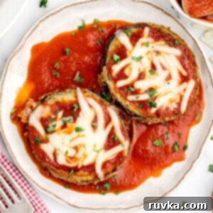 Air Fried Eggplant Parmesan 12 Crispy coated eggplant slices on a white plate covered in marinara sauce and melted cheese