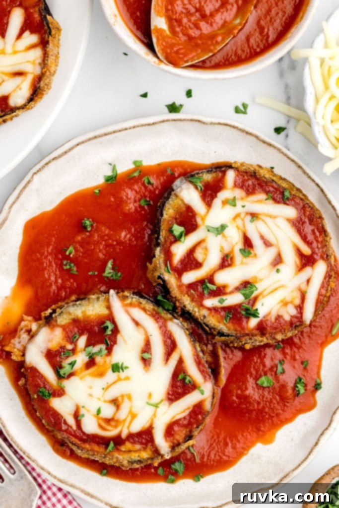 Air Fried Eggplant Parmesan 10 Eggplant slices covered in marinara sauce and parmesan cheese on a white plate