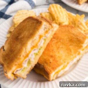 Crispy Air Fryer Turkey Cheese Melt 13 A picture of a turkey cheese melt after being cooked in the air fryer with cheese, mayo, and a side of chips was served on a round white plate.