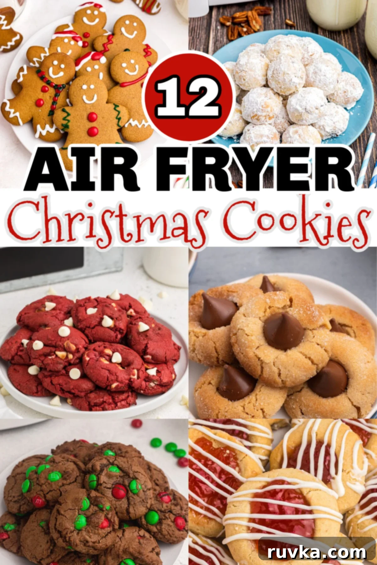 Easy Air Fryer Christmas Cookies 2 Collage of festive Air Fryer Christmas cookies, showcasing a variety of shapes and decorations.