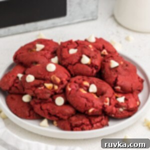 Easy Air Fryer Christmas Cookies 7 Red Velvet Cake Mix Cookies with white chocolate chips on a white plate, vibrant and festive.