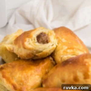 Perfect Air Fryer Sausage Rolls 9 Close up shot of air fryer sausage rolls ready to serve.