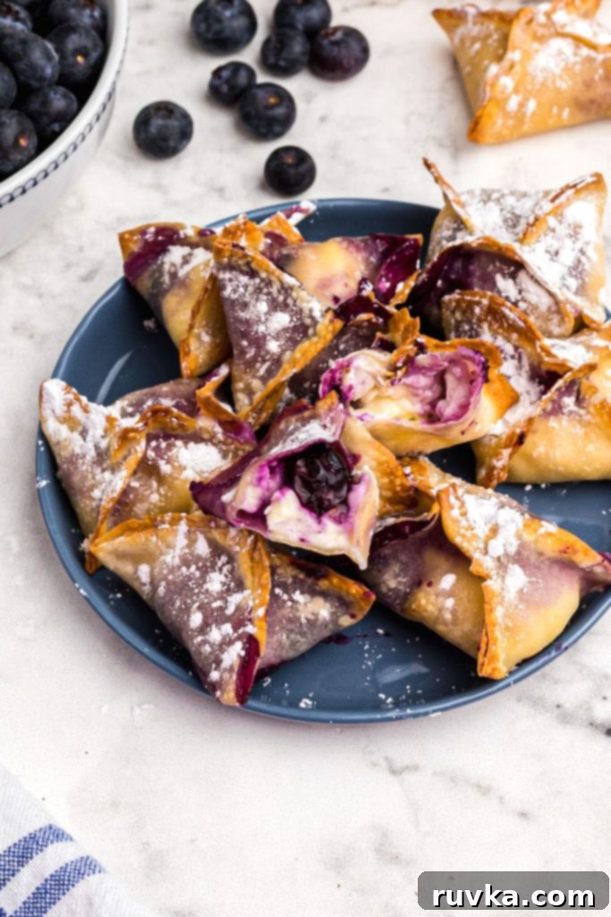 Crispy Air Fryer Blueberry Cheesecake Wontons 2 Golden wontons filled with cream cheese and blueberry filling on a blue plate.