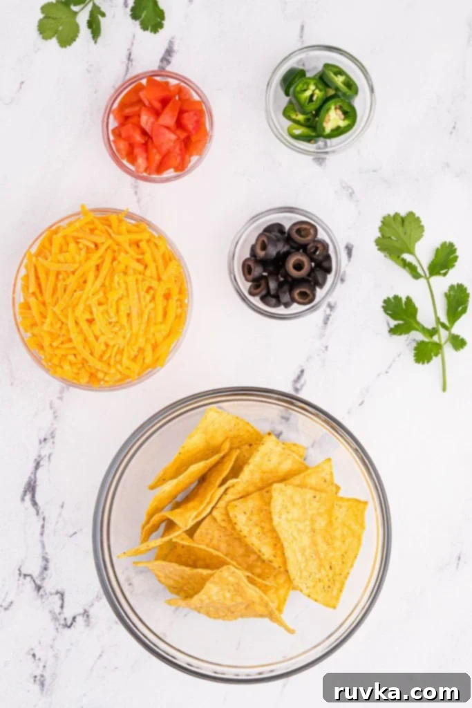 Ultimate Air Fryer Nachos 3 Nacho ingredients measured out on a white marble table.