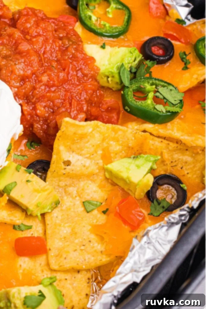 Ultimate Air Fryer Nachos 6 Nachos with melted cheese and toppings in the air fryer basket.