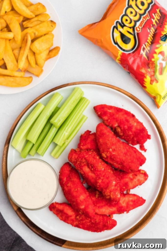 Crispy Air Fried Flamin Hot Cheetos Chicken 2 Red crispy coated chicken on a white plate with celery and ranch