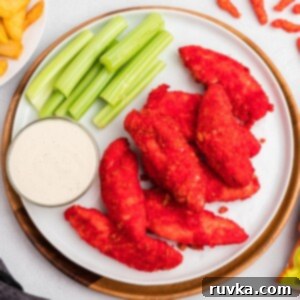 Crispy Air Fried Flamin Hot Cheetos Chicken 10 Red Cheeto coated chicken tenders on a white plate with celery and ranch