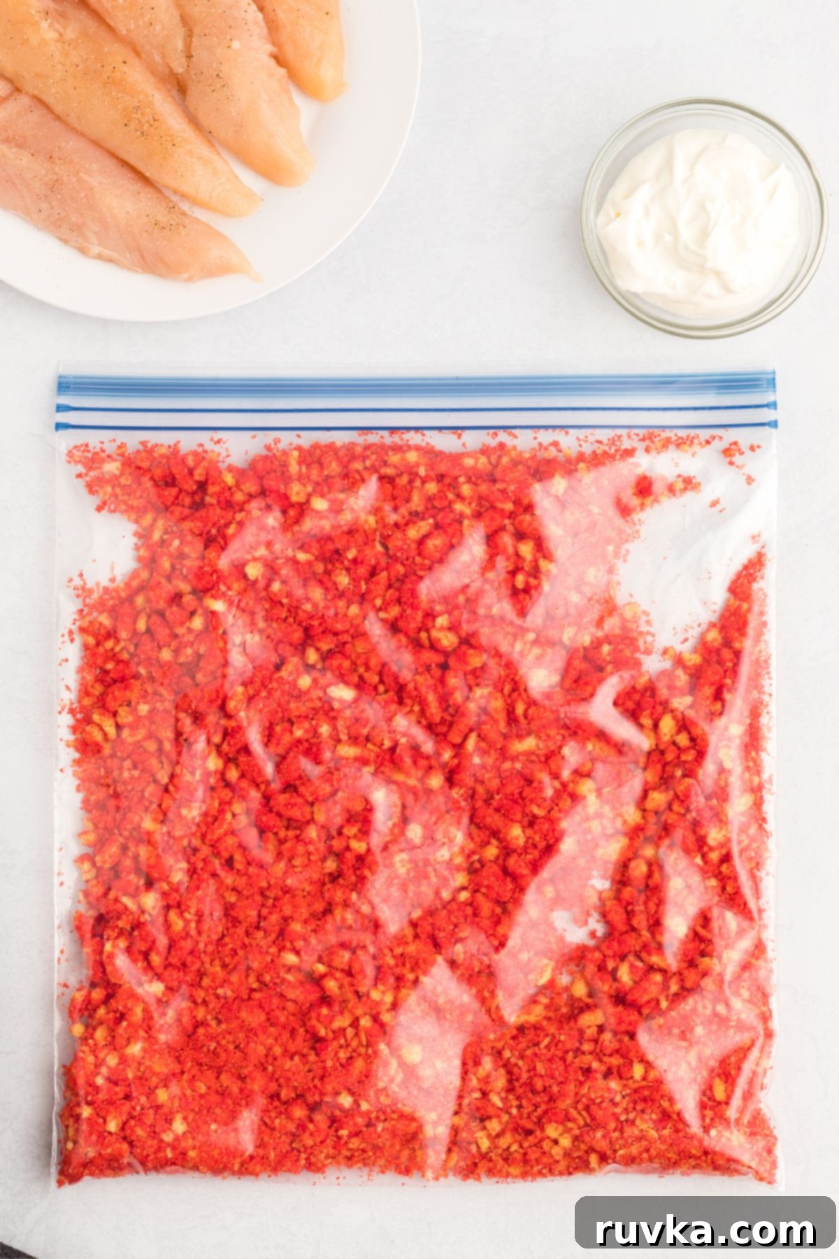Crispy Air Fried Flamin Hot Cheetos Chicken 4 Crushed cheetos in a large ziploc bag