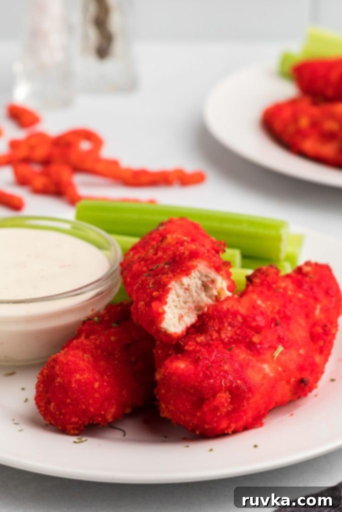 Crispy Air Fried Flamin Hot Cheetos Chicken 9 Red crispy chicken on a white plate with celery and ranch dressing