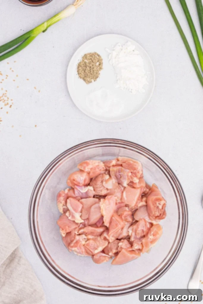 Crispy Air Fryer General Tso's Chicken 3 Ingredients measured on a white marble table