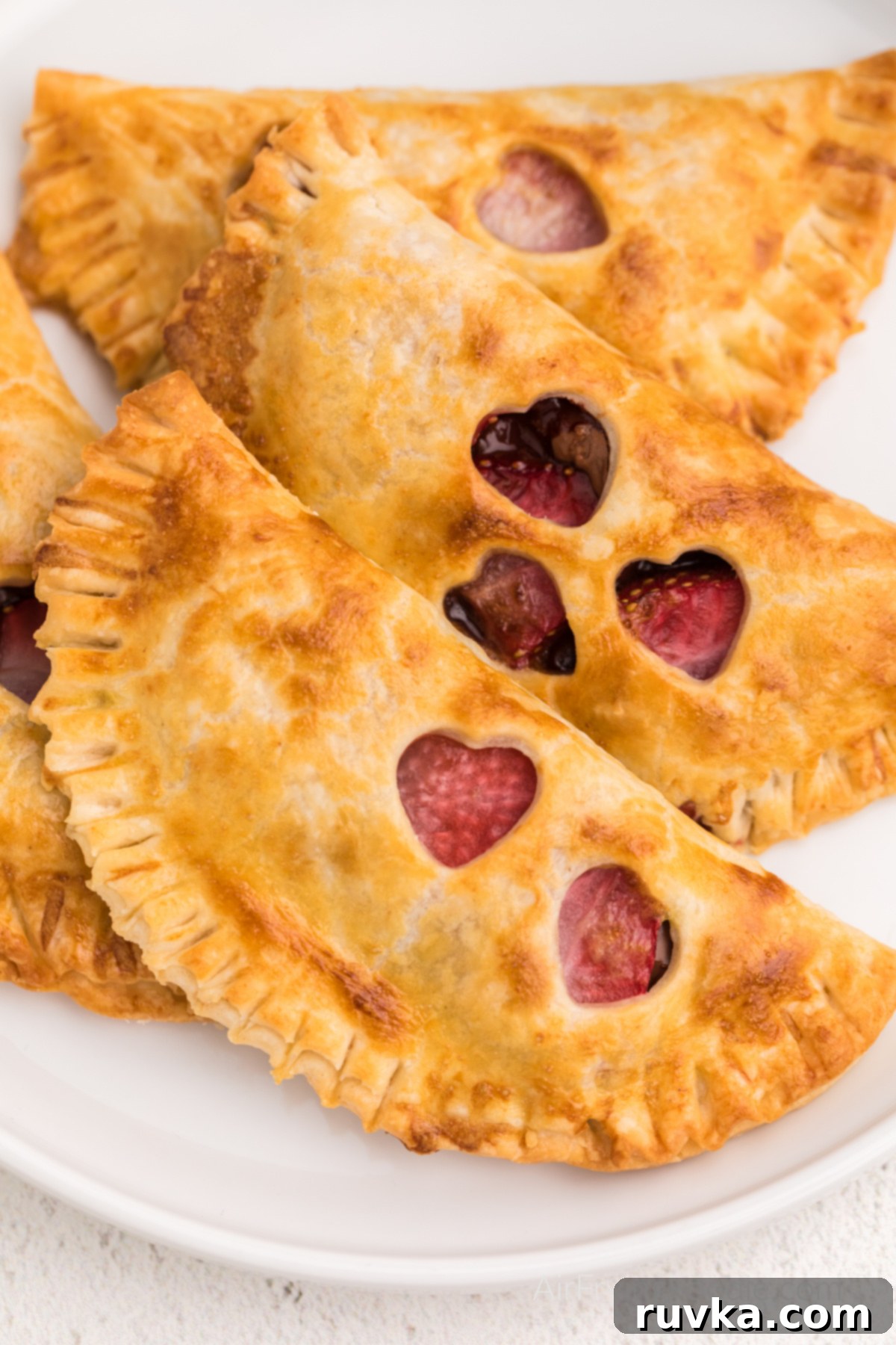 Easy Air Fryer Strawberry Nutella Hand Pies 9 A plate of golden brown strawberry Nutella hand pies, freshly air-fried and ready to be enjoyed, with a light dusting of powdered sugar.