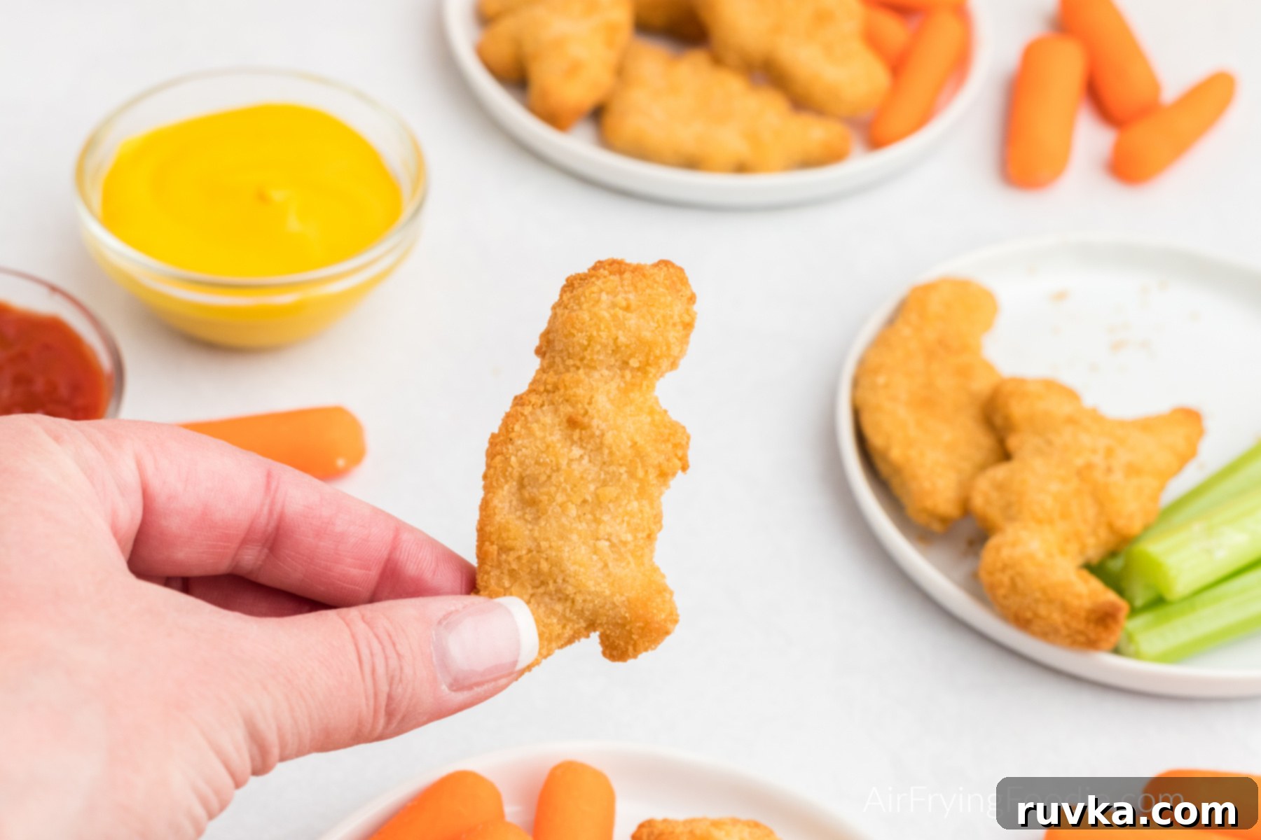 Crispy Air Fryer Dino Nuggets 7 Hand holding a dino nugget made in the air fryer.