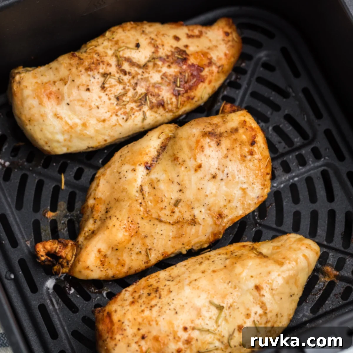 Juicy Air Fryer Grilled Chicken Breast 5 Overhead shot of grilled chicken breast in the basket of the air fryer.