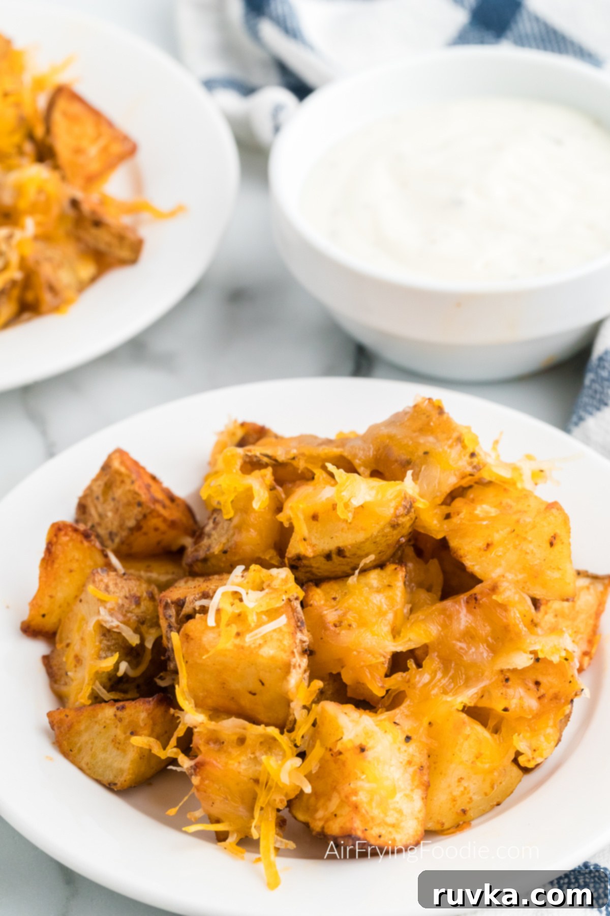 Crispy Cheesy Air Fryer Potatoes 2 Golden brown cheesy potatoes in a white plate, ready to be served and enjoyed.