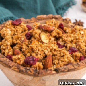 Easy Air Fryer Granola 9 Golden granola in a wooden bowl filled with nuts and dried fruit.