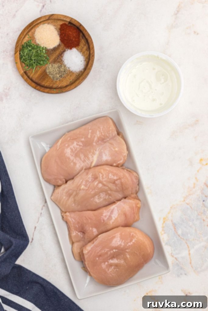 Tender Air Fryer Yogurt Chicken 3 Uncooked chicken with yogurt, and spices on a marble table.